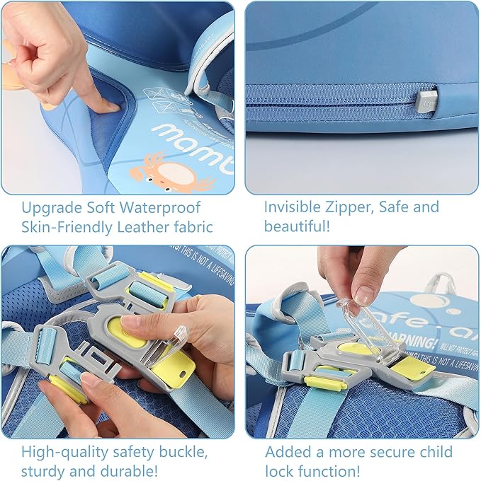 Mambobaby Float Add Tail Baby Swim Float with Canopy Solid Pool Infant Swim Trainer Swimming Training Lying Air Free Water Floats Non-Inflatable Waist Swim Ring for Toddlers (Crab - Blue)
