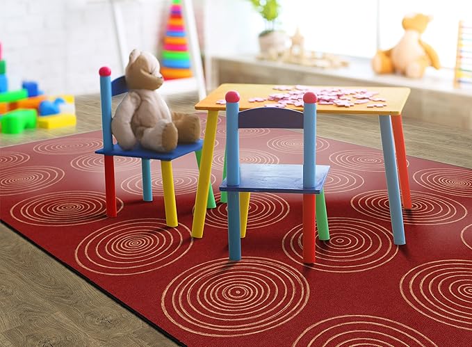 Flagship Carpets Circles Abstract Educational Area Rug for Kids Room Seating Décor, Children's Classroom, Play Carpet for Teaching and Playroom, Seats 24, 7'6" x 12', Brick