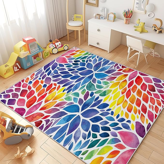 Abstract Colorful 8x10 Area Rug Modern Rainbow Dahlia Floral Rugs Multicolor Kids Area Rugs, Non-Slip Machine Washable Floor Carpet for Bedroom Living Room Playroom Classroom Dorm Office 8' x 10'