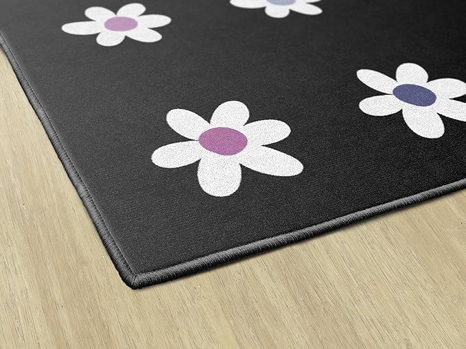 Flagship Carpets Schoolgirl Style Daisies on Black Criss-Cross Applesauce Educational Area Rug for Kids Room, Children's Classroom, Play Carpet for Teaching and Playroom, 5' x 7'6", Seats 20