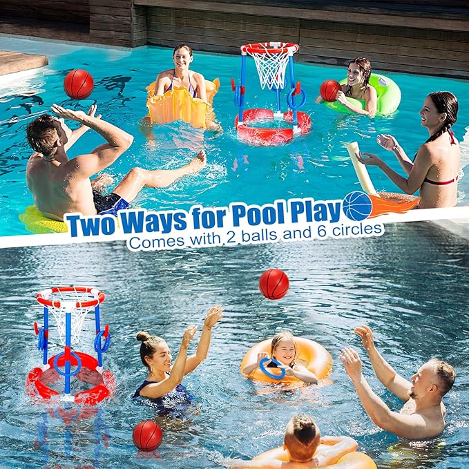 GMAOPHY Pool Basketball Hoop, 2-in-1 Poolside Floating Pool Basketball Game, Swimming Pool Games for Kids Adults Indoor Outdoor Play, Water Play Toy Family Party, Includes Hoop, Balls, Pump