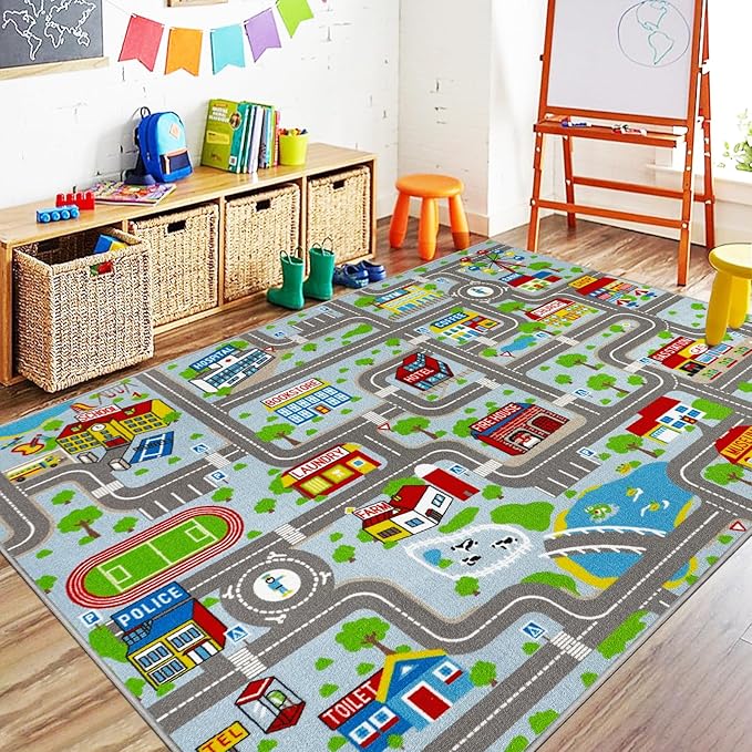 Capslpad Sky Blue Car Road Kid Rug Carpet Playmat for Playoom Traffic Road Kids Play Mat for Toddler Non Slip Washable City Map Race Track Carpet Rug for Kids Room Bedroom Nursery Room Decor,6.6'x5'