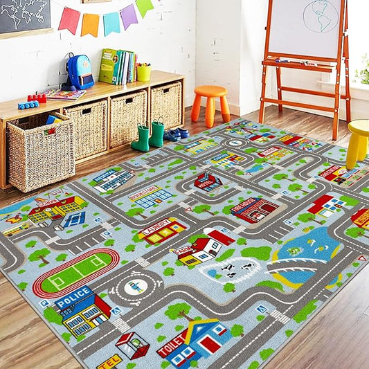 Capslpad Sky Blue Car Road Kid Rug Carpet Playmat for Playoom Traffic Road Kids Play Mat for Toddler Non Slip Washable City Map Race Track Carpet Rug for Kids Room Bedroom Nursery Room Decor,6.6'x5'