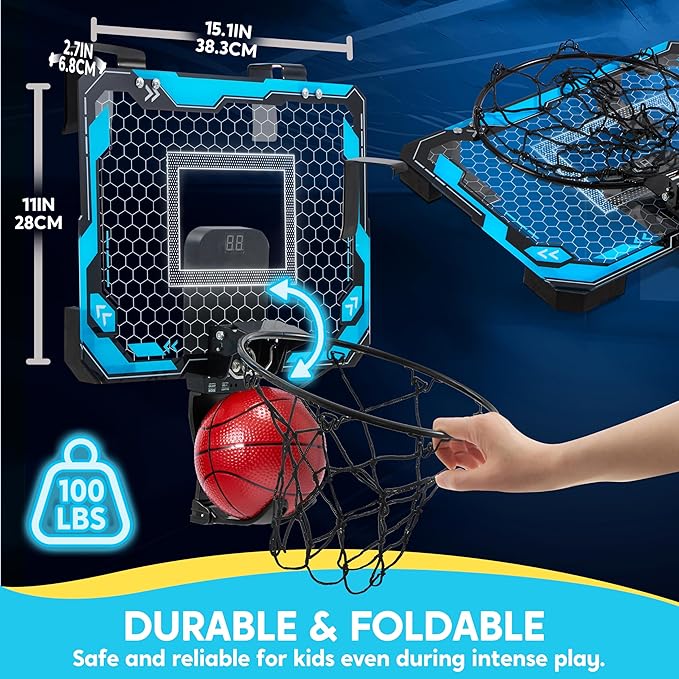 SYNCFUN Mini Basketball Hoop for Kids, Light Up Over The Door Basket Ball Hoops Toy, Mini Hoop with Scoreboard & 4 Balls, Sport Game Set, Birthday Gift Toy for Boys Girls Ages 3 and UP(Blue)