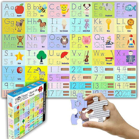 Think2Master Colorful Alphabet & Numbers 100 pieces Jigsaw Puzzle fun educational toy for kids, school & families. Great gift for boys & girls ages 3+ to stimulate learning. Size:23.4” X 16.5”