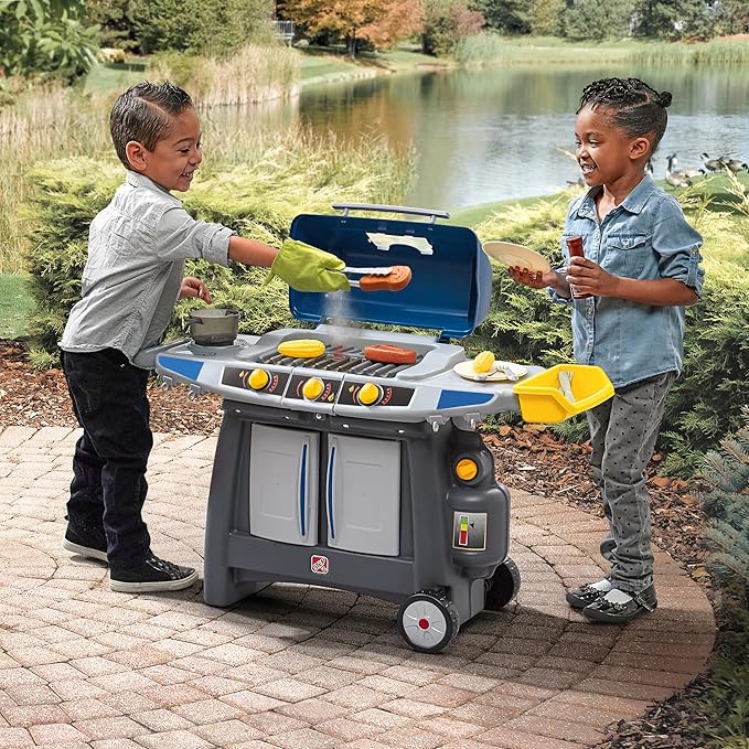 Step2 Sizzle & Smoke BBQ Grill Kids Playset, Indoor/Outdoor Kitchenette, Interactive Play with Sounds, Made of Durable Plastic, Includes 15 Piece Toy Accessories, For Toddlers 3+ Years Old
