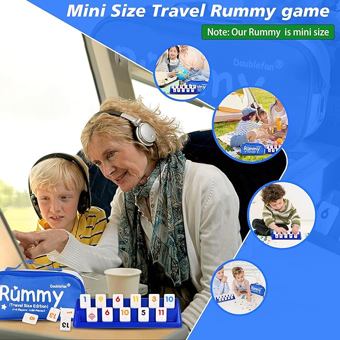 Doublefan Mini Rummy Cube Game, Mini Size Rummy Set with Portable Canvas Bag, Small Travel Board Game for Adult and Kids,160 Tiles, 6 Playing Rack, 1 Dice (2-6 Players)