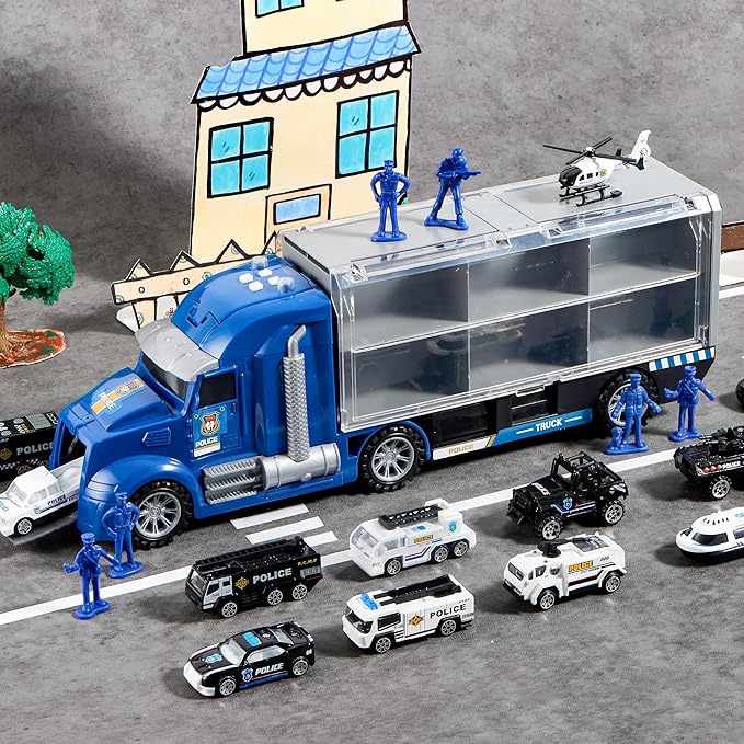 JOYIN 25 in 1 Police Rescue Truck Car Toy Set with Sounds and Lights, Mini Vehicles in Carrier Truck, Play Police Patrol Rescue Vehicle Toy, Birthday Gifts for Over 3 Years Old Boys