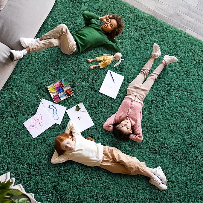 Super Soft Area Rugs for Living Room, 4x6 Feet Modern Shag Dark Green Rug, Fluffy Plush Non-Slip Green Carpet for Girls Boys Teens, Kids Home Decor for Bedroom Dorm Nursery Classroom, Carpets