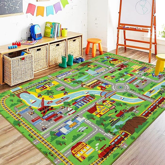 Capslpad Kids Rug 6'6" x 5'0" Educational Learning Kids Play Area Rug Large Traffic Road Cars Rug Play Mat for Kids Toy Nursery Rug Car Carpet for Playroom Living Room Classroom Decor Green