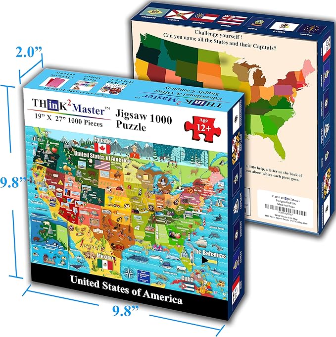 Think2Master Colorful United States Map 1000 Pieces Jigsaw Puzzle for Kids 12+, Teens, Adults & Families. Great Educational Gift for Interest in The USA Map. Size: 26.8” X 18.9”