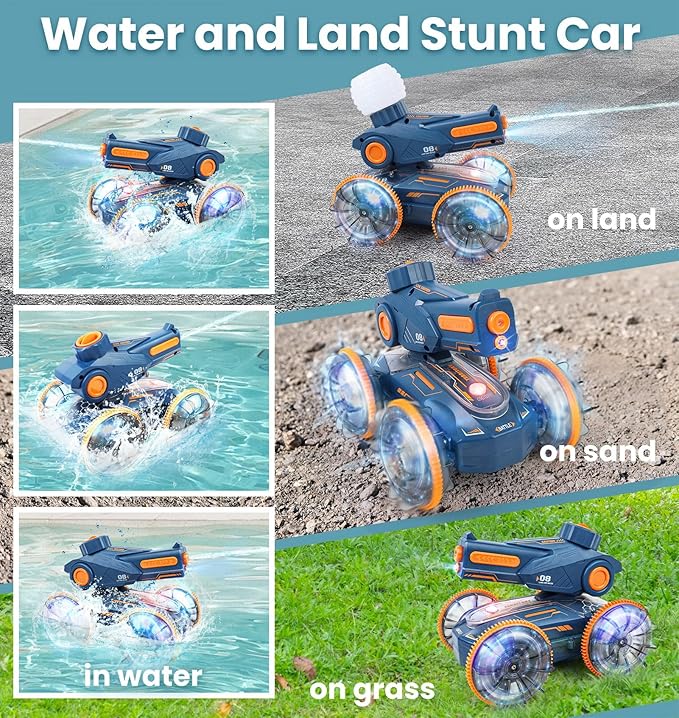 Amphibious Remote Control Car - Stunt Toy for Kids Ages 6-8-12, Water & Land 4WD with Gesture Sensing, Lights, Waterproof, Rotation, Beach & Pool Fun, Idea for Boys