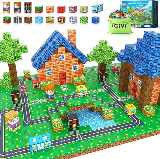 100PCS Magnetic Blocks - Build Mine Magnet World Road Set, Magnet Building Blocks Toddler Toys Creative Kids Games, STEM Sensory Toys for Kids 3+, 1'' Magnetic Cubes Classroom Must Haves Toy Gifts
