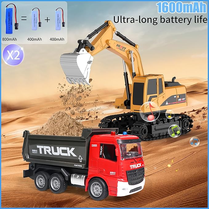 Remote Control Excavator and Dump Truck Toy Set - RC Construction Vehicles Toy with Lights and Sounds, Present for Toddlers 6-12 Year Boys Girls