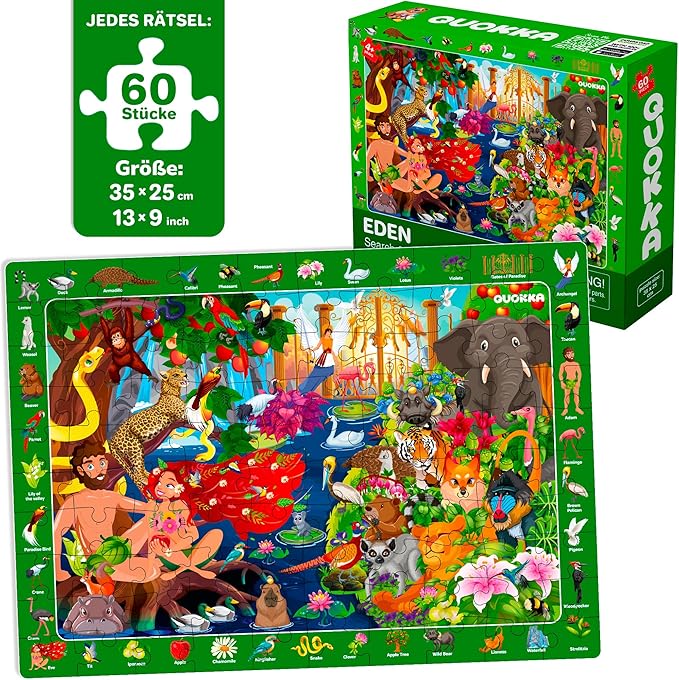 QUOKKA 60 Piece Kids Puzzles Ages 5-8 - Set of 4 Bible Jigsaw Puzzles for Kids 4-6-10 Year Old - Tower of Babel - Noah`s Ark - Eden Toys for Children 5-7 yo - Christian Gifts for Boys & Girls