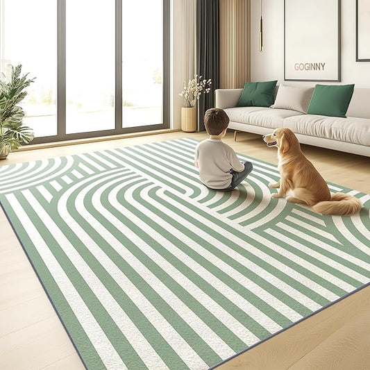 Washable 8x10 Modern Area Rug for Living Room, Sage Green Minimalist Aesthetic Abstract Boho Large Rugs, Ultra-thin Low Pile Soft Nonslip Indoor Floor Carpet for Office Bedroom Playroom Classroom Dorm