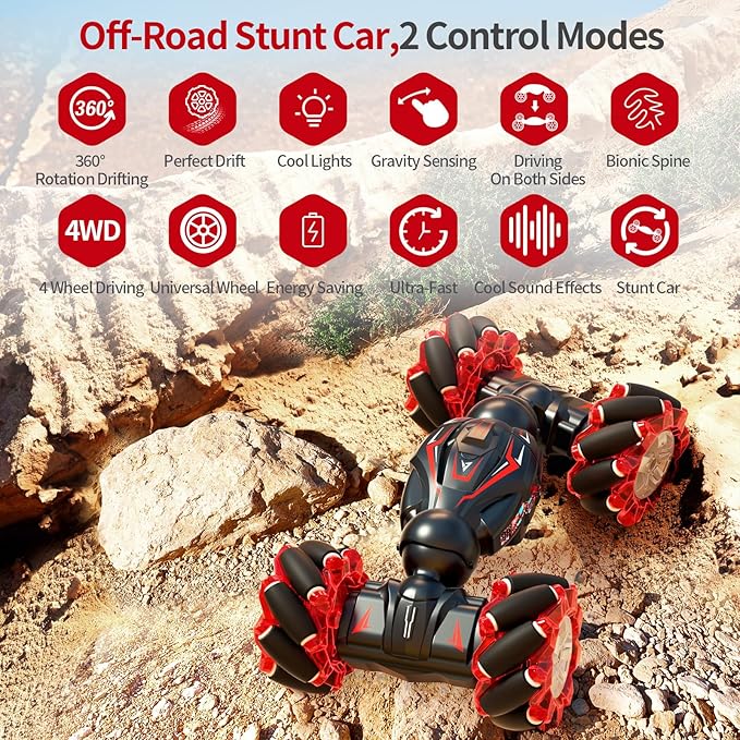 1:12 Red RC Stunt Car, 2.4GHz 4WD Remote Control Gesture Sensor Toy Cars, Double Sided Rotating Off Road Vehicle 360° Flips with Lights Music, Toy Cars for Boys & Girls Birthday