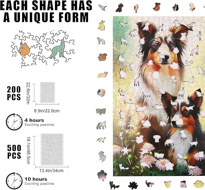 Unique Wooden Jigsaw Puzzles - Shetland Sheepdog, 200 Pcs Medium Size 8.9'' x 12.6'', Luxurious Animal Shaped Wood Puzzle, Beautiful Package, Best Gift for Adults