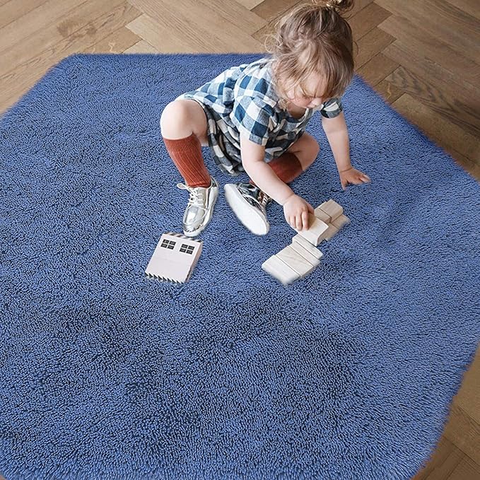 junovo Ultra Soft Rug for Nursery Children Room Baby Room Home Decor Dormitory Hexagon Carpet for Playhouse Princess Tent Kids Play Castle, Diameter 4.6 ft, Navy Blue