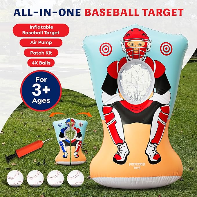Inflatable Baseball Pitching Target for Kids, Double-Sided Outdoor & Indoor Baseball Training Toss Game, Includes 4 Balls, Air Pump, & Patch Kit