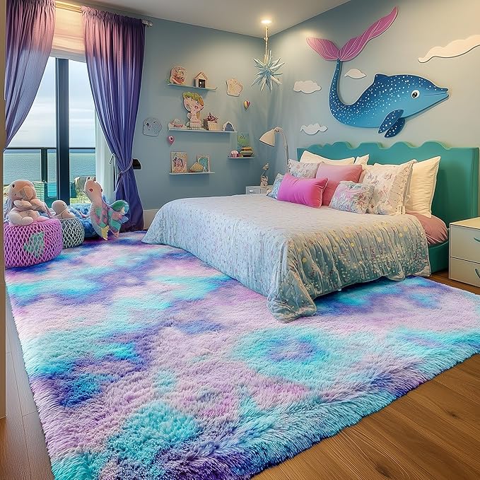 PAGISOFE 8x10 Area Rug, Cute Kawaii Purple Rainbow Rug for Girls Bedroom, Soft Fluffy Shag Rug for Girls Room, Baby, Kids Playroom, Nursery, Classroom, Plush Furry Mermaid Rug, Fuzzy Pastel Carpet