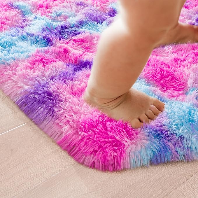 junovo Ultra Soft Hexagon Rug Fluffy Rainbow Nursery Rug for Princess Tent Kids Play Castle, Furry Hexagonal Carpet for Kids Girls Room Playhouse Classroom Dorm Home Decor, 4.6ft Tie-Dye Hot-Pink