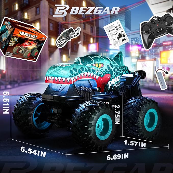 BEZGAR Monster Truck Toys - Remote Control Monster Truck with Light & Music, Dinosaur Toys for Kids, 1:20 Scale RC Truck with 360° Spins and Drifting, Remote Control Car for Boys 4-7 Blue