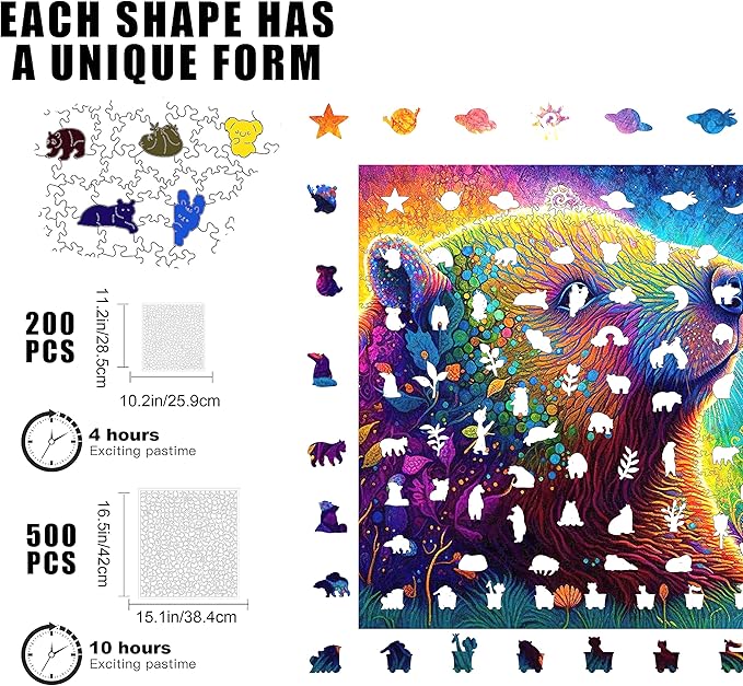 Bear Wooden Jigsaw Puzzles, 200 Pcs Medium Size 11.2'' x 10.2'', Unique Shaped Wood Puzzle, Beautiful Package, Best Gift for Adults