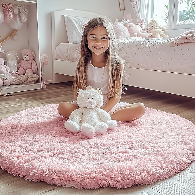 ONASAR Light Pink Round Area Rugs 3ft for Bedroom Living Room, Fluffy Cat Dog Bed Mat, Washable Circle Rug for Kids Girls Boys Teen, Soft Plush Shaggy Carpet for Nursery Dorm Home Decor Aesthetic