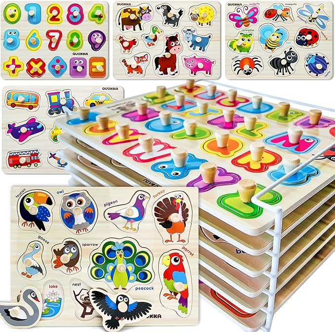 QUOKKA Wooden Puzzles for Toddlers 1-3 - 6XSET Toddler Puzzles Ages 2-4 with Rack - Learning Alphabet - Numbers - Animals Toy Puzzles for Toddlers 3-5 - Wood Games Gift for Boys and Girls