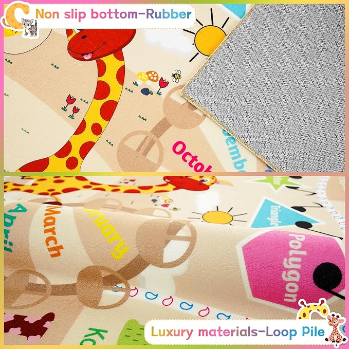 Chicrug Educational Kid Area Rug for Playroom, 6x9 Feet TPR Non Slip Kids Classroom Carpet Rug for Learning ABC Animal, Shape Color Fruit, Washable Play Mat Rug for Children Nursery Toddler Room Decor