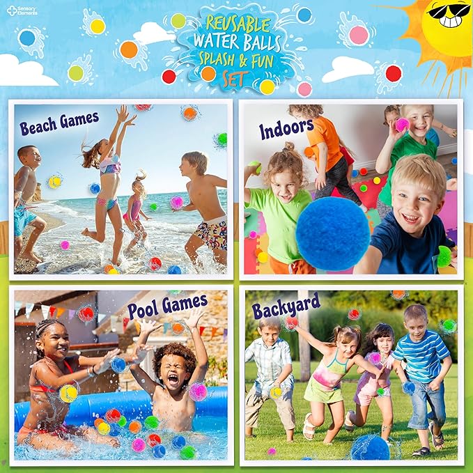 Reusable Water Balls Splash & Fun Set- 52 Colorful Cotton Splash Balls for Kids - Perfect for Outdoor Summer Fun, Pool Games, Water Play, Backyard Play, Perfect Water Toy Gift for Kids - Ages 5-12+