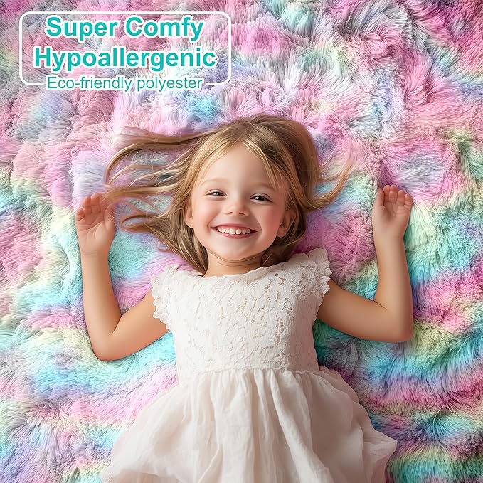 PAGISOFE Fluffy Colorful Rainbow Rugs for Bedroom Girls 5x7, Soft Unicorn Shag Cute Girls Room Rugs for Kids Playroom Living Room Nursery Home Decor, Furry Kawaii Princess Rug,Pastel Shaggy Rug Carpet