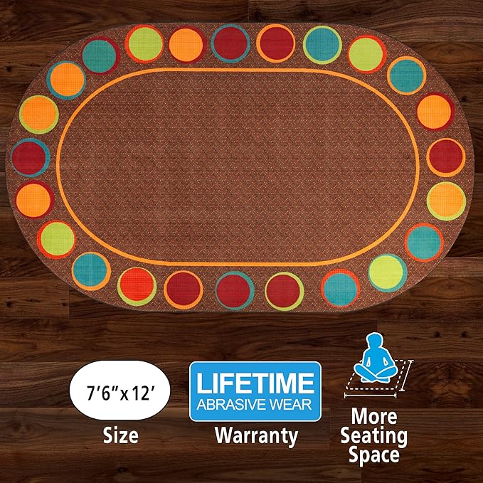 Flagship Carpets Sitting Spots Seating Oval Area Rug for Children's Classroom or Kids Playroom, and Home Learning Carpet, Seats 24, 7'6" x 12', Brown