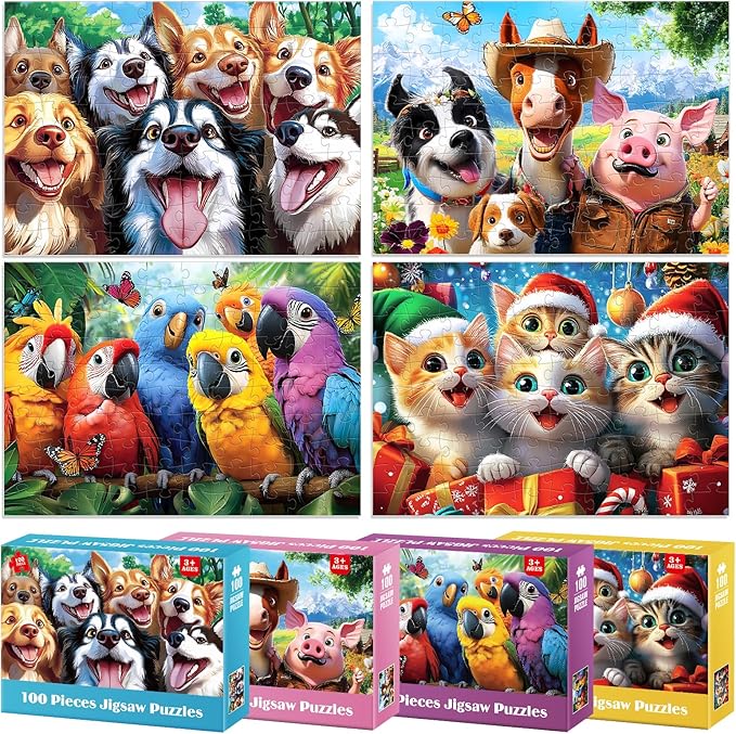 4 Packs Puzzles for Kids Ages 4-6 - Cute Animal Selfies, 100 Piece Puzzles for Kids Ages 6-8 8-10, Large Piece Puzzle for Seniors Adults, Educational Games Toys for 5 Year Old Boys and Girls