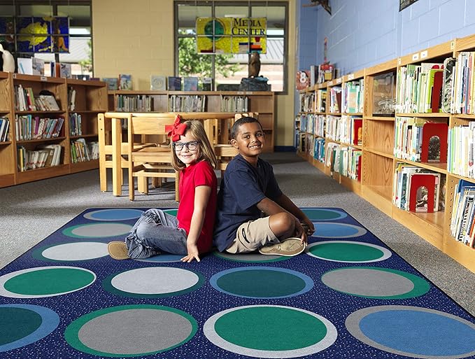 Flagship Carpets Sitting Spots Seating Rectangle Area Rug for Children's Classroom or Kids Playroom, and Home Learning Carpet, Seats 24, 7'6" x 12', Cool Blue