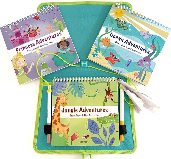 Kids Travel Educational Activity Book with Washable Markers - Car and Airplane Activities, Learning Toys for Toddlers- Reusable Stickers for Ages 4, 5, 6 (Jungle & 2 Extra Books)