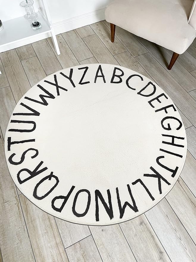 Topotdor Round Kids Play Rug Alphabet Nursery Area Rug Extra Large Soft Crawling Play Mat for Children Toddlers Bedroom (71 inch, Beige)