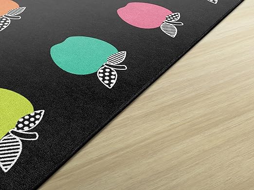 Flagship Carpets Schoolgirl Style Stylish Black & White Brights Apple Sit Spot Classroom Area Rug for Indoor Classroom Learning or Kid Bedroom Educational Play Mat, 7'6" x 12'