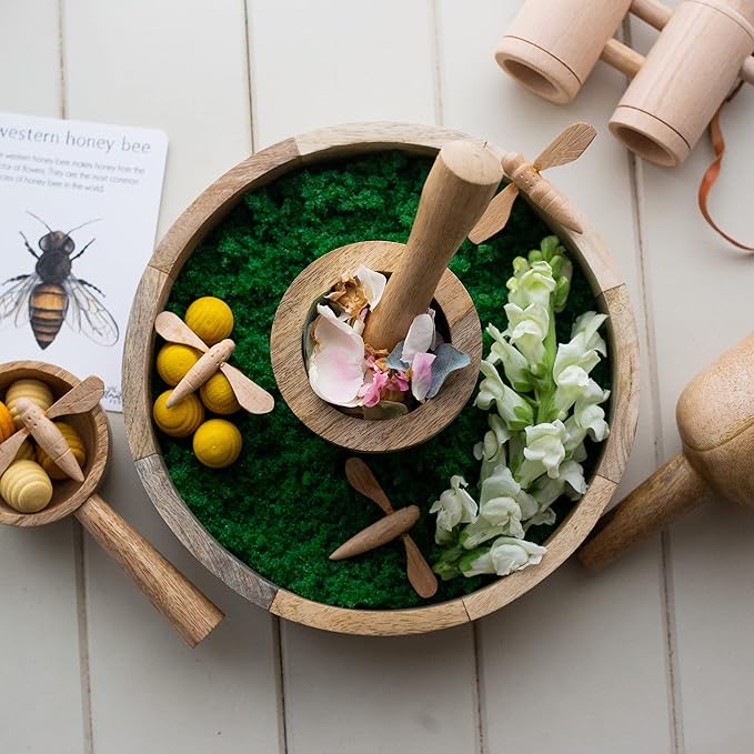 Wooden Funnel & Sensory Play Set – Montessori Pouring, Scooping & Grinding Kit for Loose Parts & Water Play, Natural Mango Wood