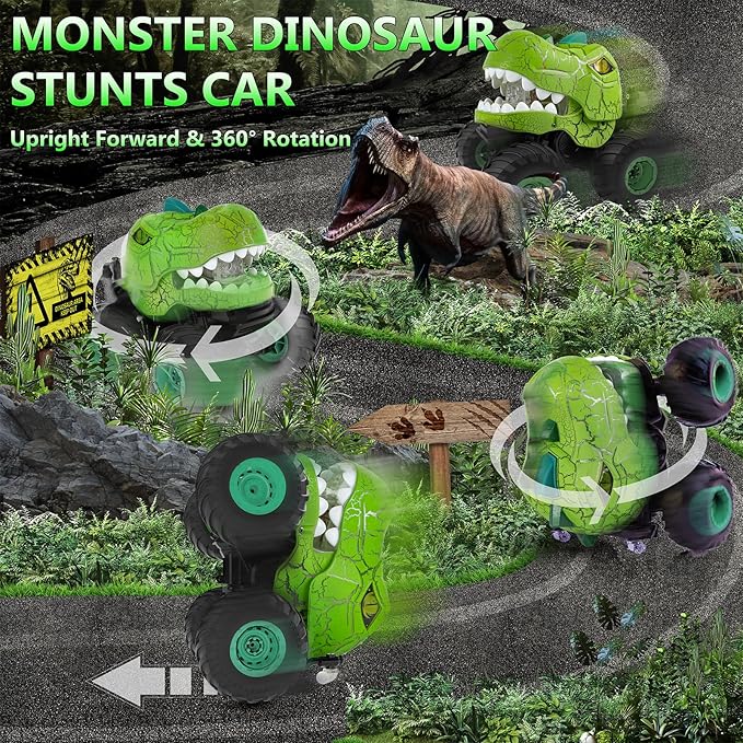 Monster RC Car - Dinosaur 360° Rotating Stunt Car with Spray, Lights & Sound, 2.4GHz All Terrain Truck, Remote Control Toys for Age 4-7, Gifts for Kids 3-12