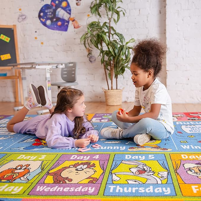 KC Cubs | Looney Tunes ABC Alphabet, Seasons, Months and Days of The Week Educational Learning & Game Play Area Non Slip Boy & Girl Kids Rug Carpet for Children Bedroom, Toddler Classroom & Baby Mat