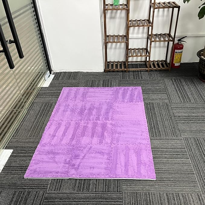 Interlocking Carpet Shaggy Soft EVA Foam Mats Fluffy Area Rugs Protective Floor Tiles Exercise Play Mat for Children Kids Room Home Parlor Bedroom (12 Pcs, Purple)