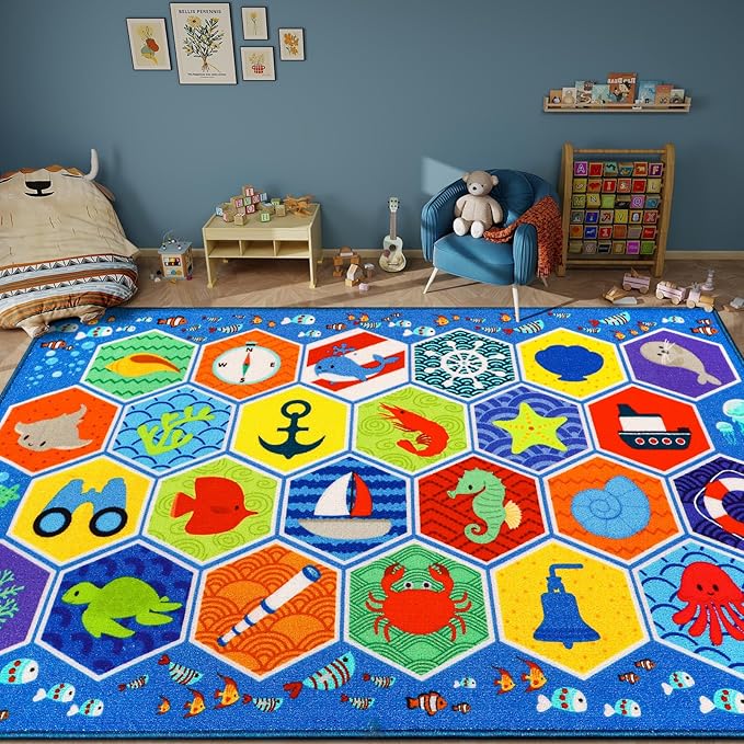 Large Classroom Rug 4×6 Hexagons 24 Seats Ocean Themed Kids' Carpet Kid Rug 13.3'×7.7' Educational Play Mat for Interactive Learning Preschool Rugs for Classroom Learning Area 157"×91"