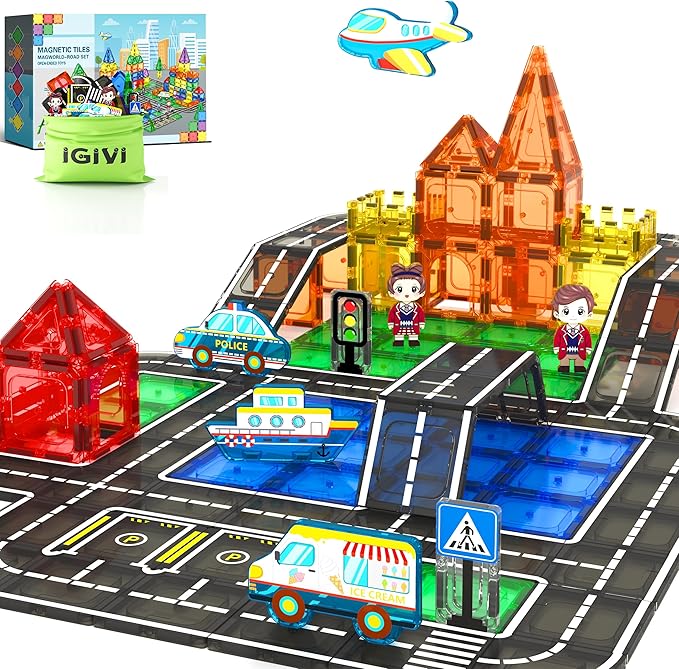 Magnetic Tiles City Road Set with Magnet Car, Magnetic Blocks Building Toys for Kids, STEM Construction Toys for Toddlers, Gifts for 3+ Year Old Boys & Girls