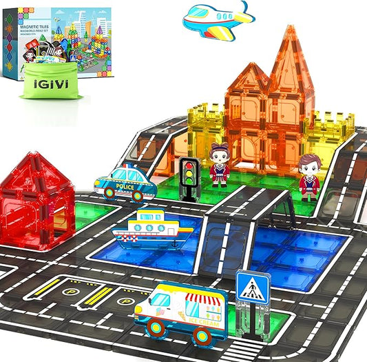 Magnetic Tiles City Road Set with Magnet Car, Magnetic Blocks Building Toys for Kids, STEM Construction Toys for Toddlers, Gifts for 3+ Year Old Boys & Girls