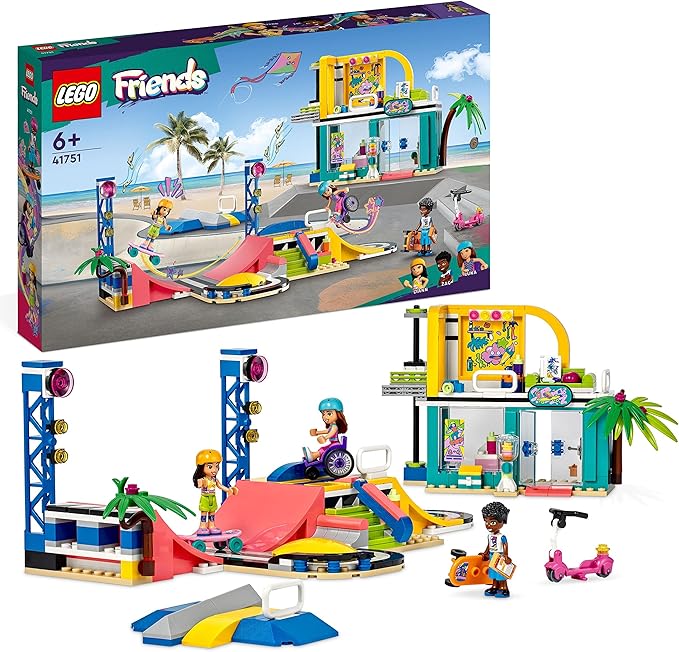 LEGO Friends Skate Park Set 41751, Skateboard Toys for Girls and Boys Ages 6 Plus, Mini-Doll Playset with Toy Scooter and Wheelchair, Birthday Gift Idea for Creative Play