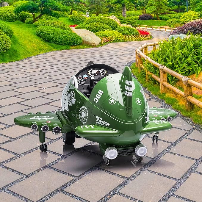 Electric Car for Kids Ride On Airplane Toy TOBBI Battery Powered 12V Kids' Electric Vehicle Rideable Airplane with Remote Control/Bombing Sound -Army Green
