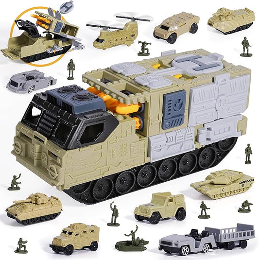Military Tank Toy Sets with Launchable Missiles, Army Toys with 9 Vehicles, Helicopter Trucks Army Men Action Figures, Birthday Gift for Boys Age 4-7