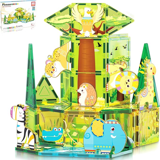 PicassoTiles Magnet Tile Building Block Safari Themed Set with 8 Compatible Magnetized Animal Action Figures Build Blocks Toddler Creativity Toys STEAM Educational Learning Skills Ages 3+ PTQ12